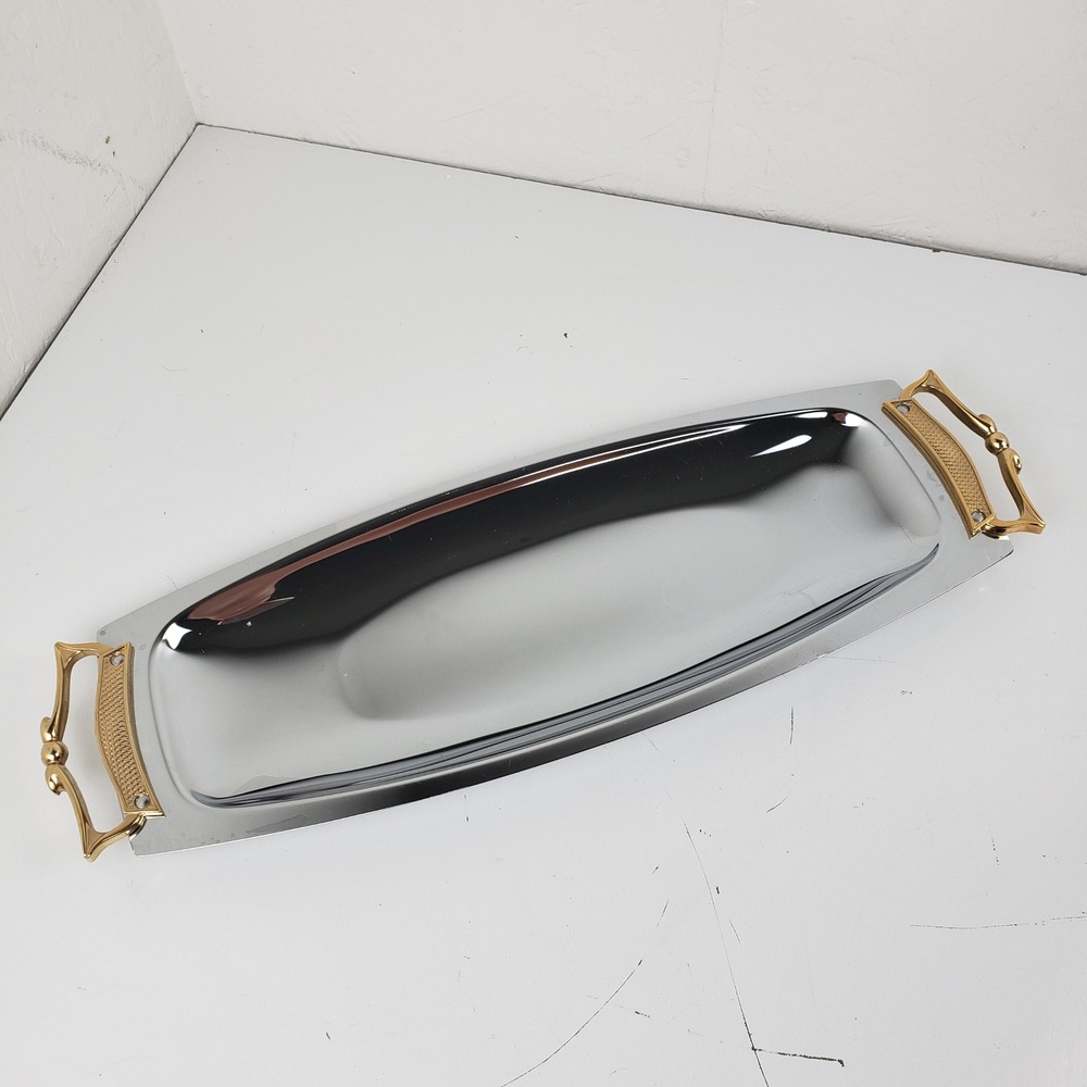 Vintage Kromex Chrome Serving Tray Gold Tone Handles Mid Century Modern USA 17in